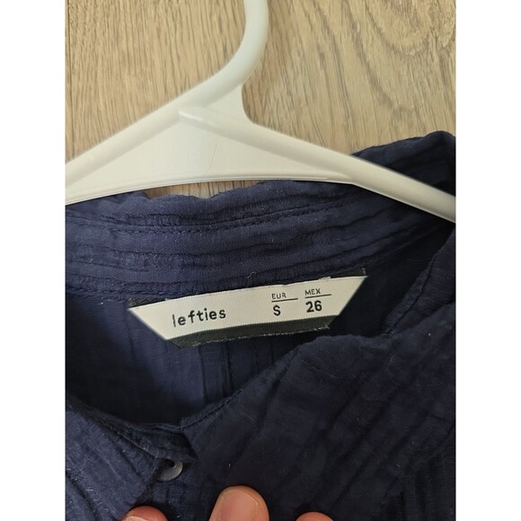 Lefties Navy Blue Long Sleeve Button Front Blouse S Textured Back Tie Shirt - Picture 6 of 7